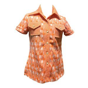 70s 80s orange and white checkered polyester button collared shirt